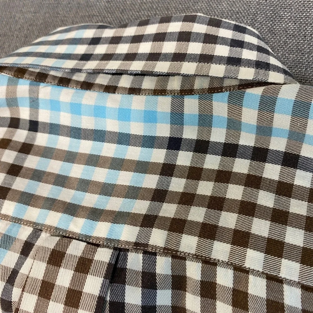 Peter Millar Mens Medium‎ Gingham Check Button Down Shirt Brown Blue Cotton